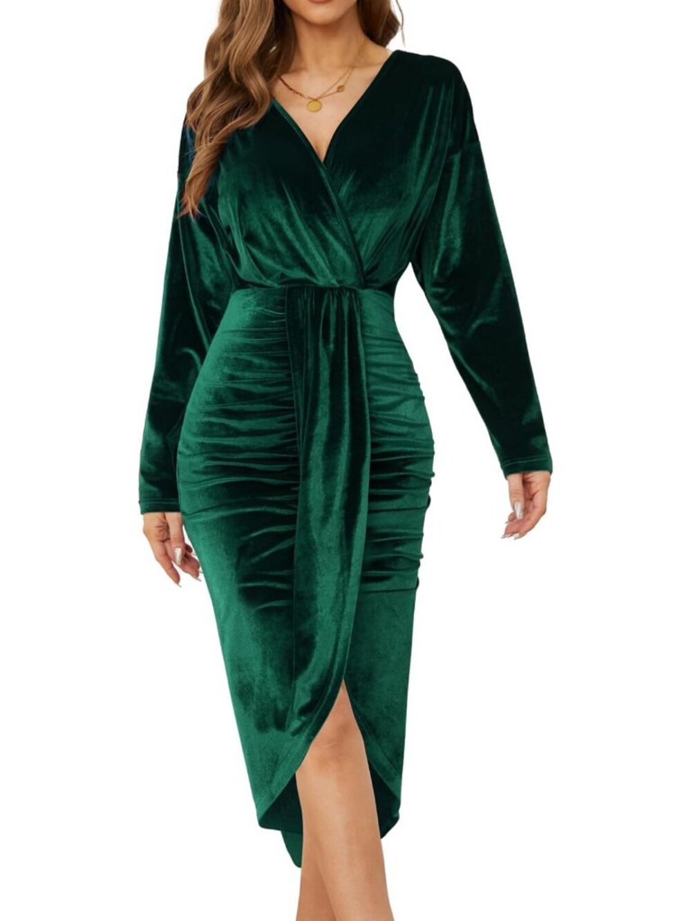 Chic Women's V-Neck Ruched Velvet Midi Dress - Long Sleeve Cocktail Party Outfit